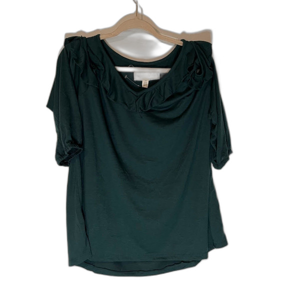 French Laundry Blouse 1X Forest Green Cold Shoulder 3/4 Sleeve Ruffles Bohochic - Picture 3 of 6